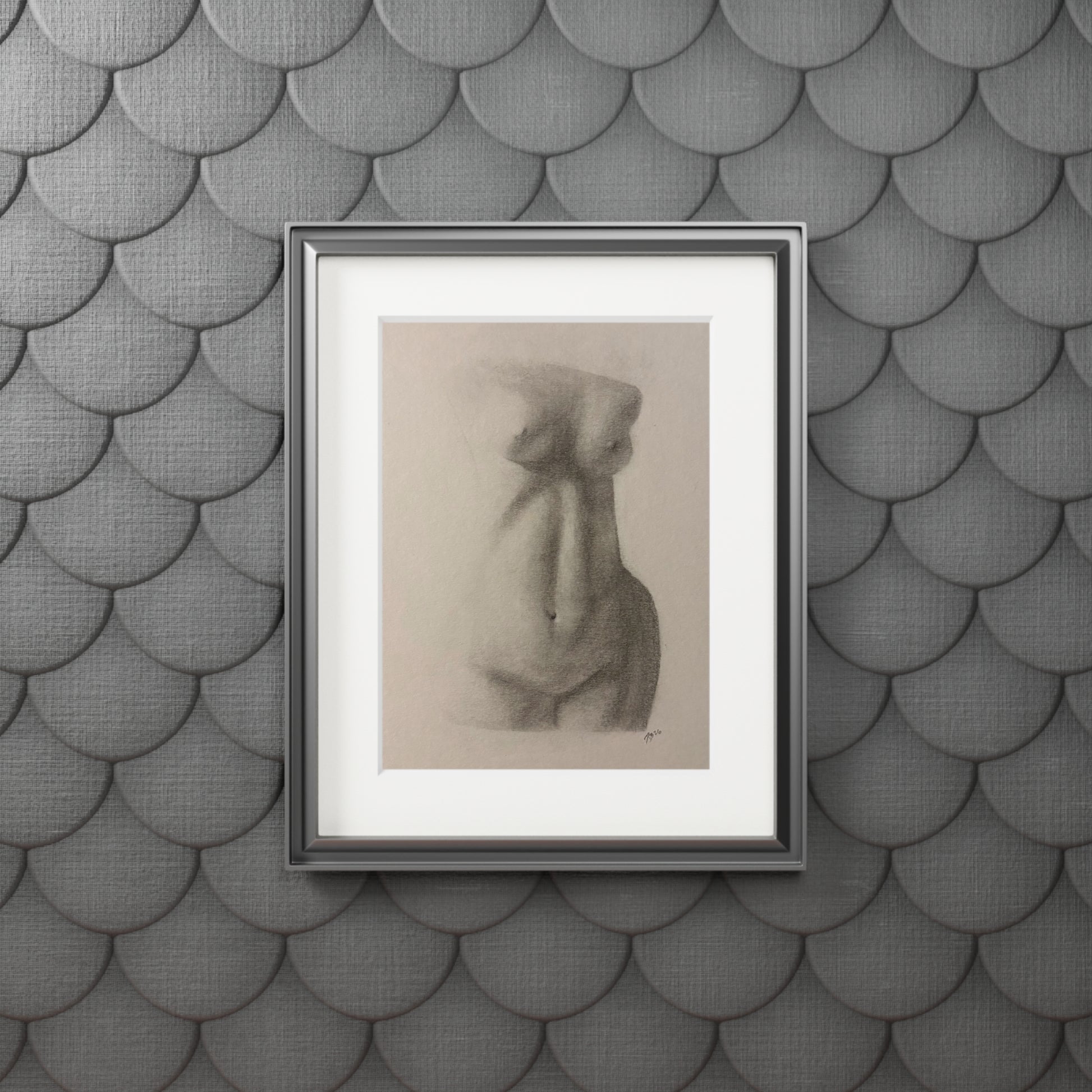 Charcoal Nude Torso Fine Art Print with Passepartout — Figure Study Wall Art