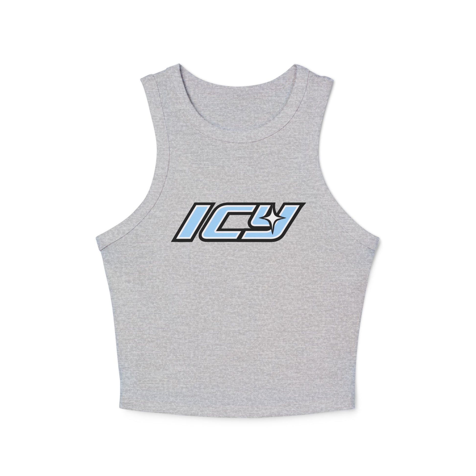 Icy Mikey "POP" Graphic Racer Tank — Women's White Micro Rib Crop Tank