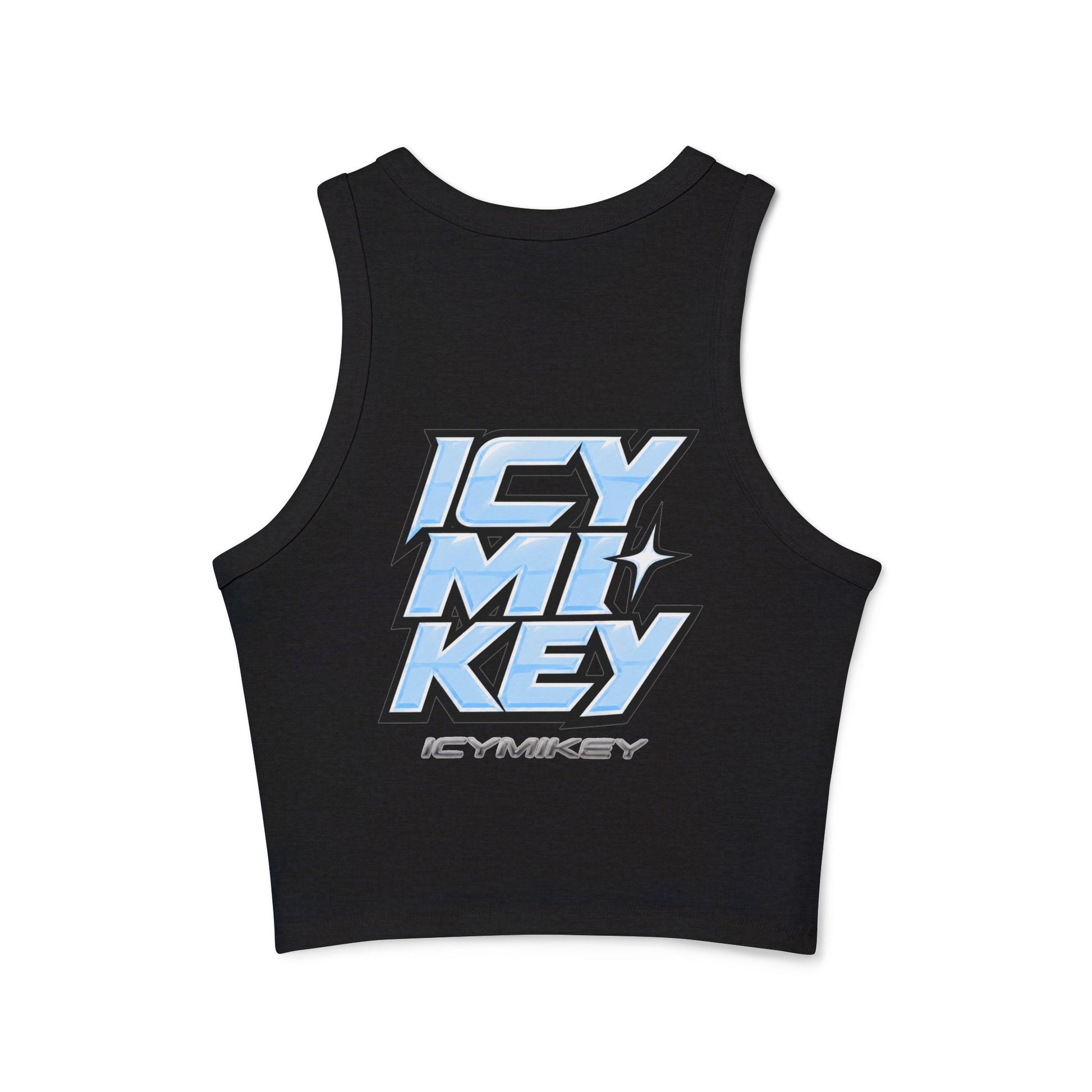 Icy Mikey "POP" Graphic Racer Tank — Women's White Micro Rib Crop Tank