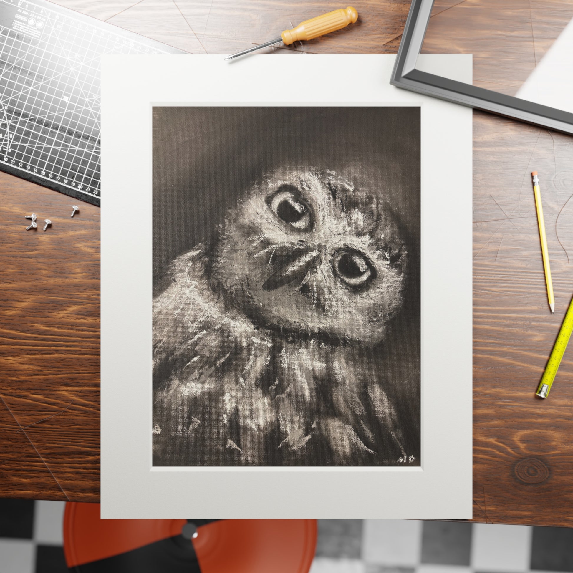 "CURIOSITY" Owl Charcoal Fine Art Print with Passepartout Frame