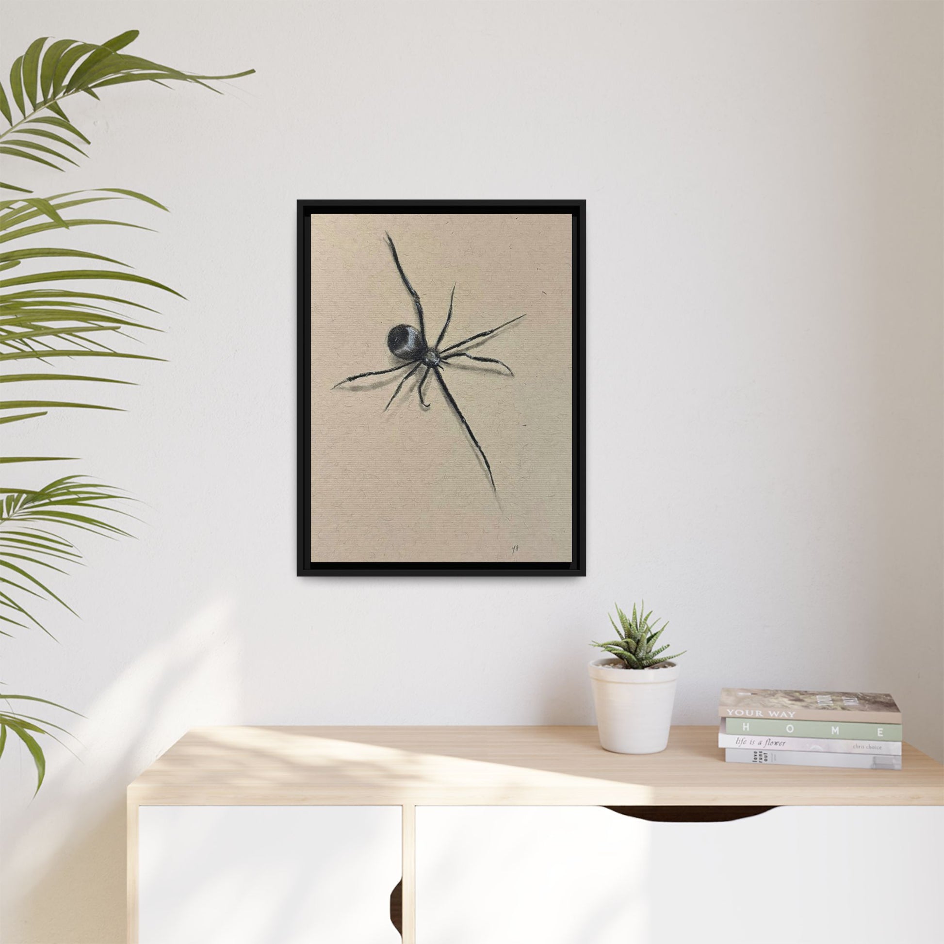 "ICY" SPIDER Framed Canvas Art — Minimal Black Spider Sketch