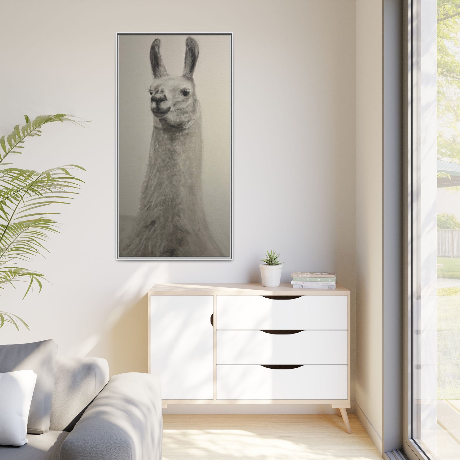 Framed Llama Portrait Canvas — Neutral Monochrome Animal Wall Art