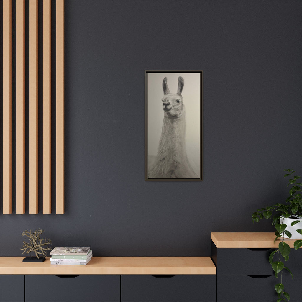 Framed Llama Portrait Canvas — Neutral Monochrome Animal Wall Art