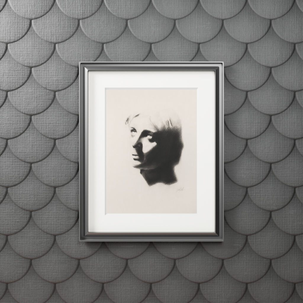 "SHADOW" Fine Art Print with White Passepartout — Minimalist Portrait Charcoal Reproduction