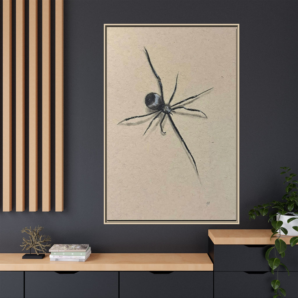 "ICY" SPIDER Framed Canvas Art — Minimal Black Spider Sketch