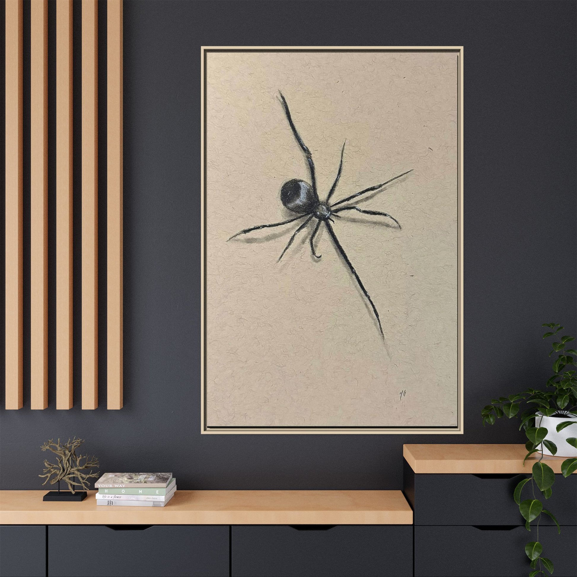 "ICY" SPIDER Framed Canvas Art — Minimal Black Spider Sketch