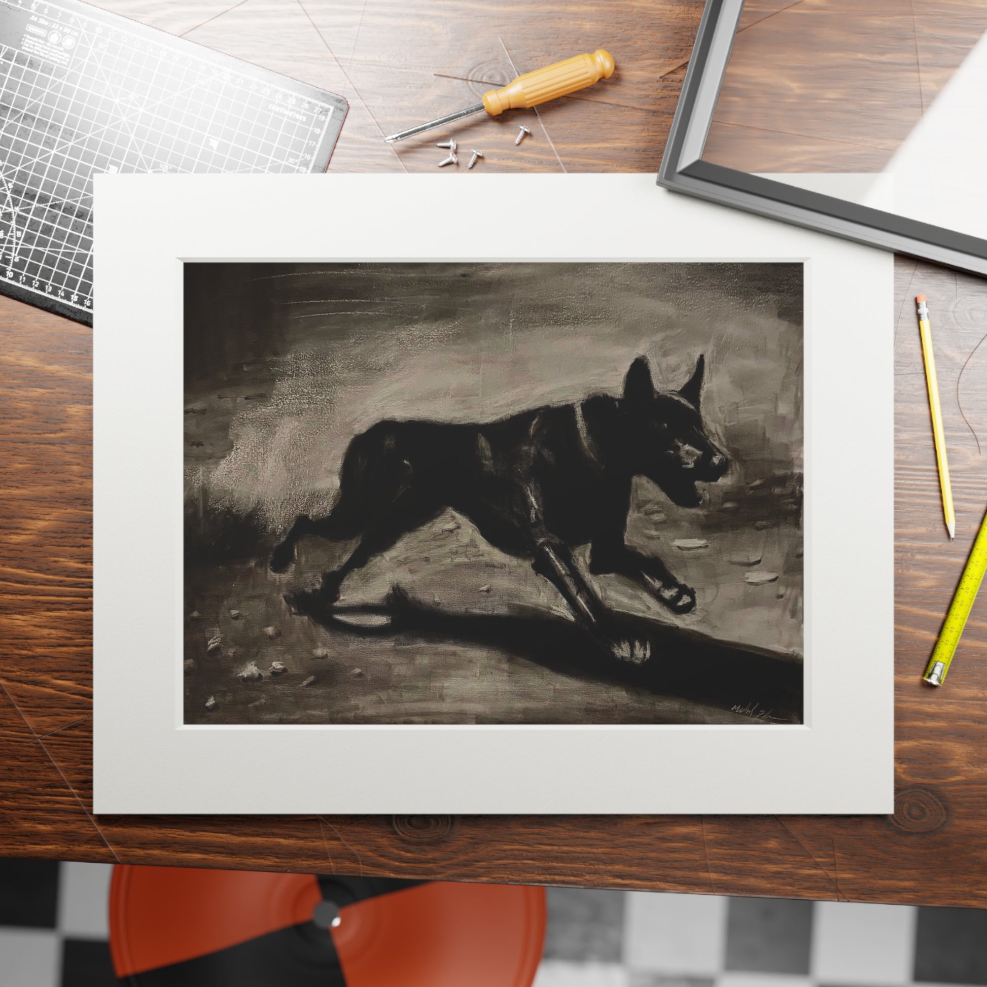 "LIMITLESS" Black German Shepherd Fine Art Print with Passepartout — Vintage-Style Dog Wall Art