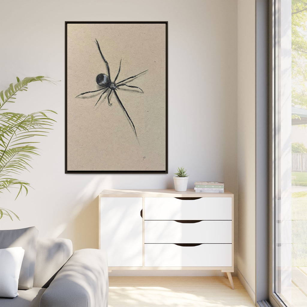 "ICY" SPIDER Framed Canvas Art — Minimal Black Spider Sketch