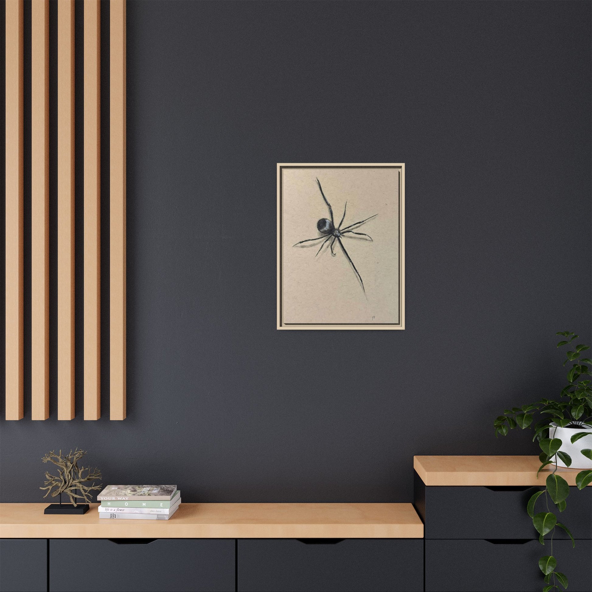 "ICY" SPIDER Framed Canvas Art — Minimal Black Spider Sketch