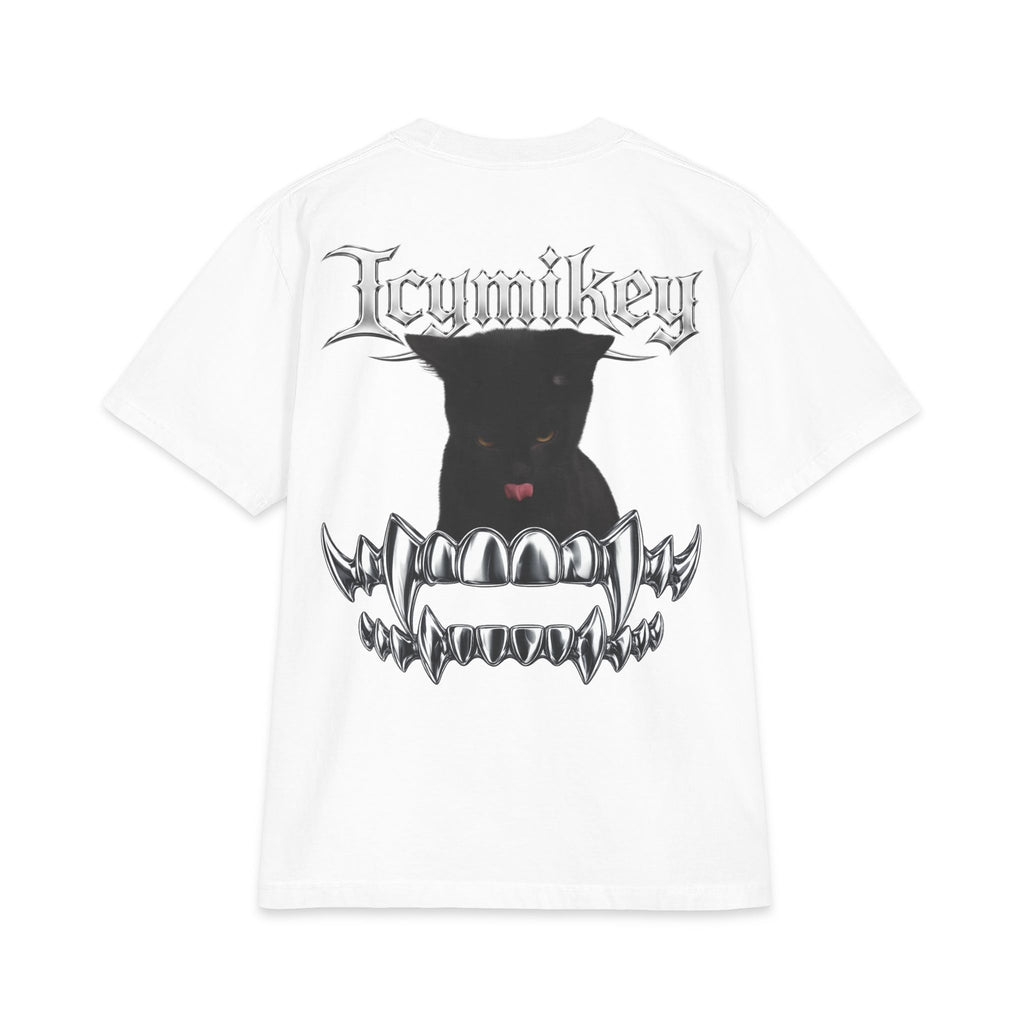 IcyMikey "BOO" Graphic Tee — Black Cat & Metallic Fang Back Print