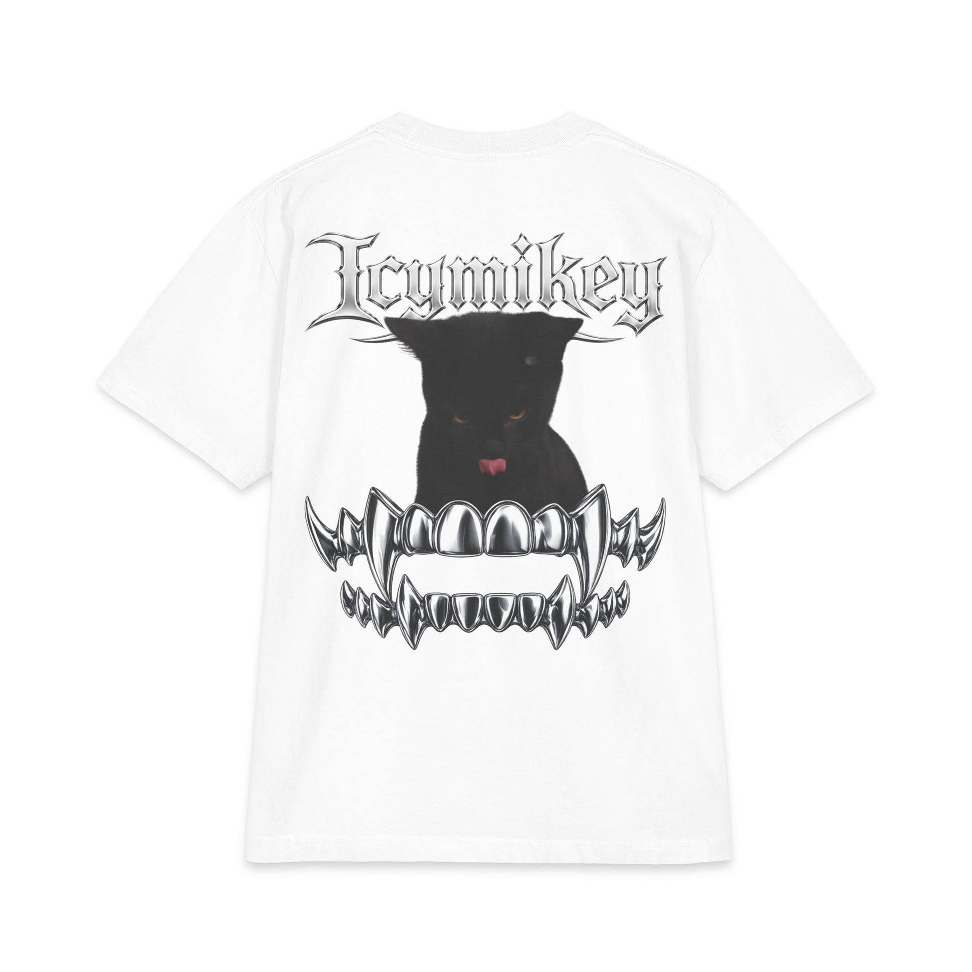 IcyMikey "BOO" Graphic Tee — Black Cat & Metallic Fang Back Print
