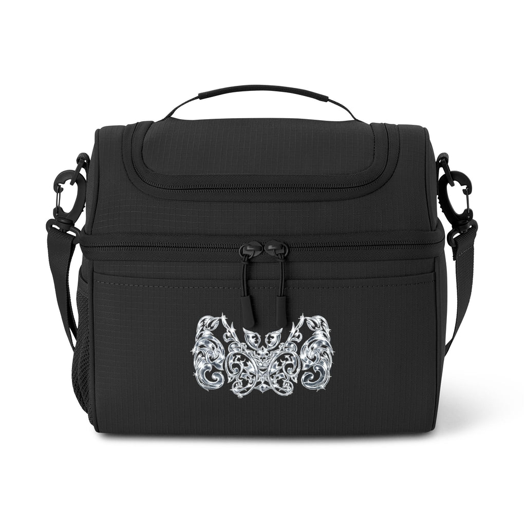 "ICY" Embroidered Baroque Cooler Bag — Insulated Lunch Tote with Elegant Silver Scroll Design