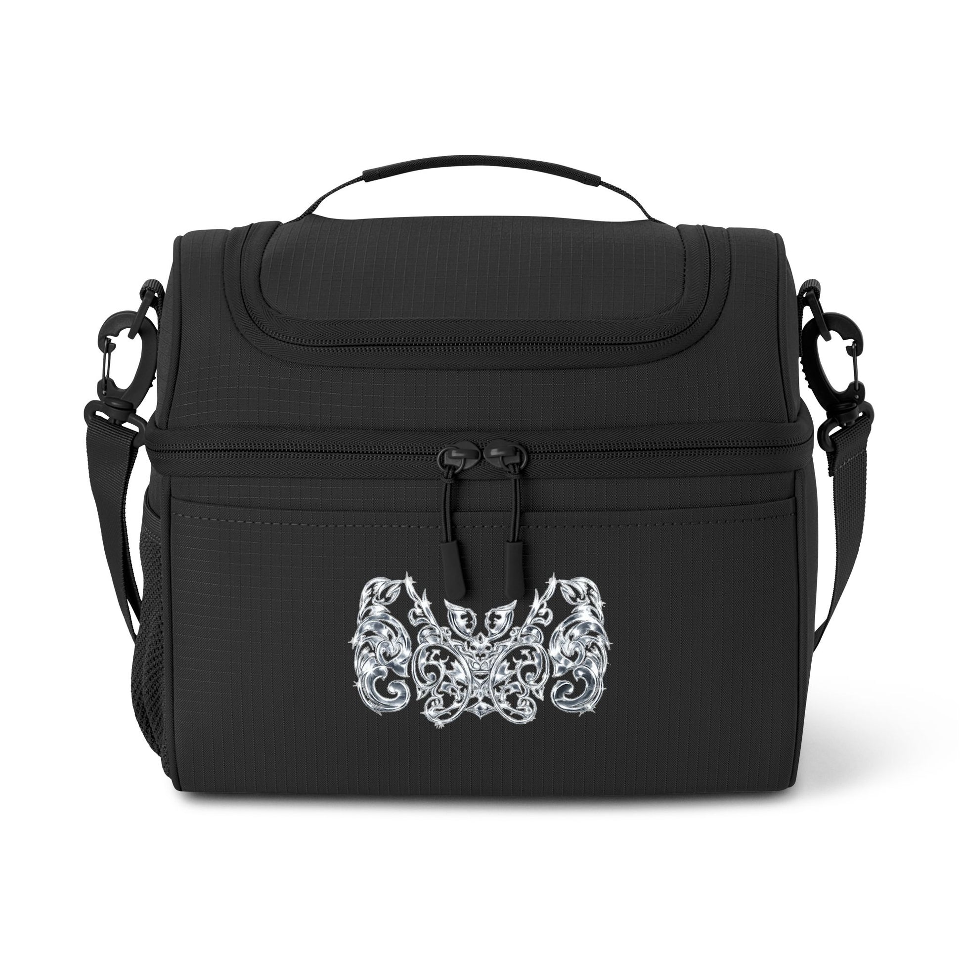"ICY" Embroidered Baroque Cooler Bag — Insulated Lunch Tote with Elegant Silver Scroll Design
