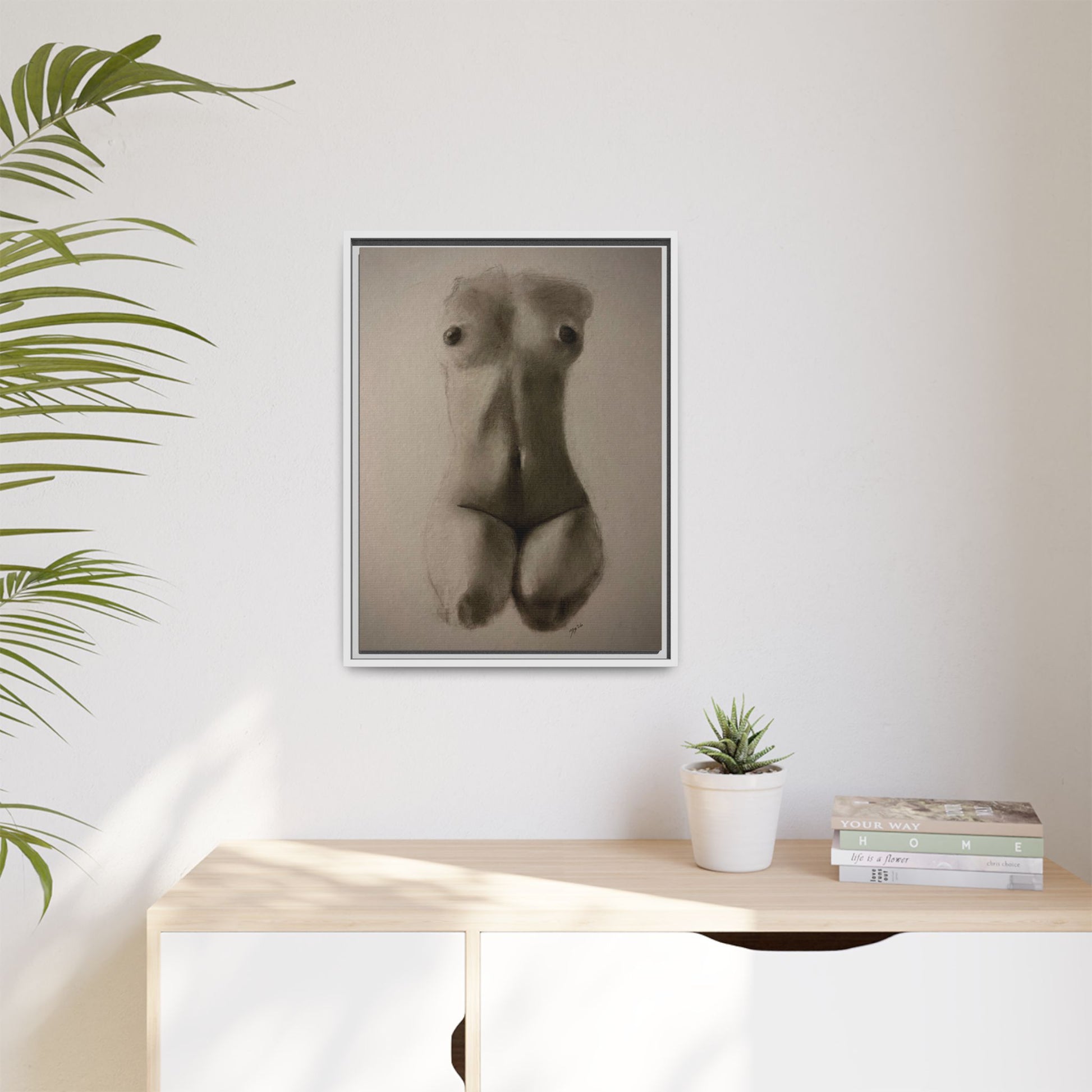 "SUNDOWN" Framed Matte Canvas – Charcoal Nude Torso Art Print