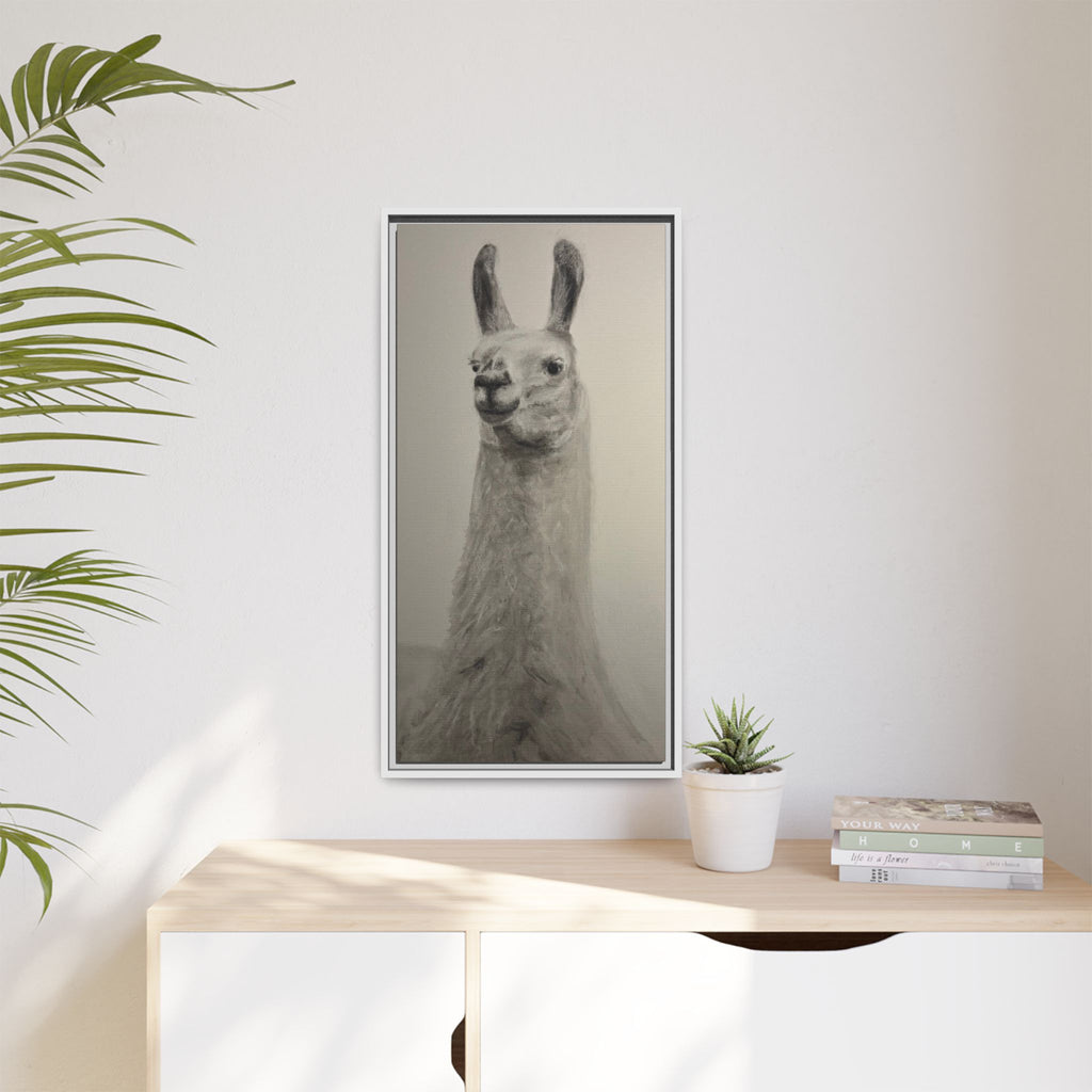 Framed Llama Portrait Canvas — Neutral Monochrome Animal Wall Art