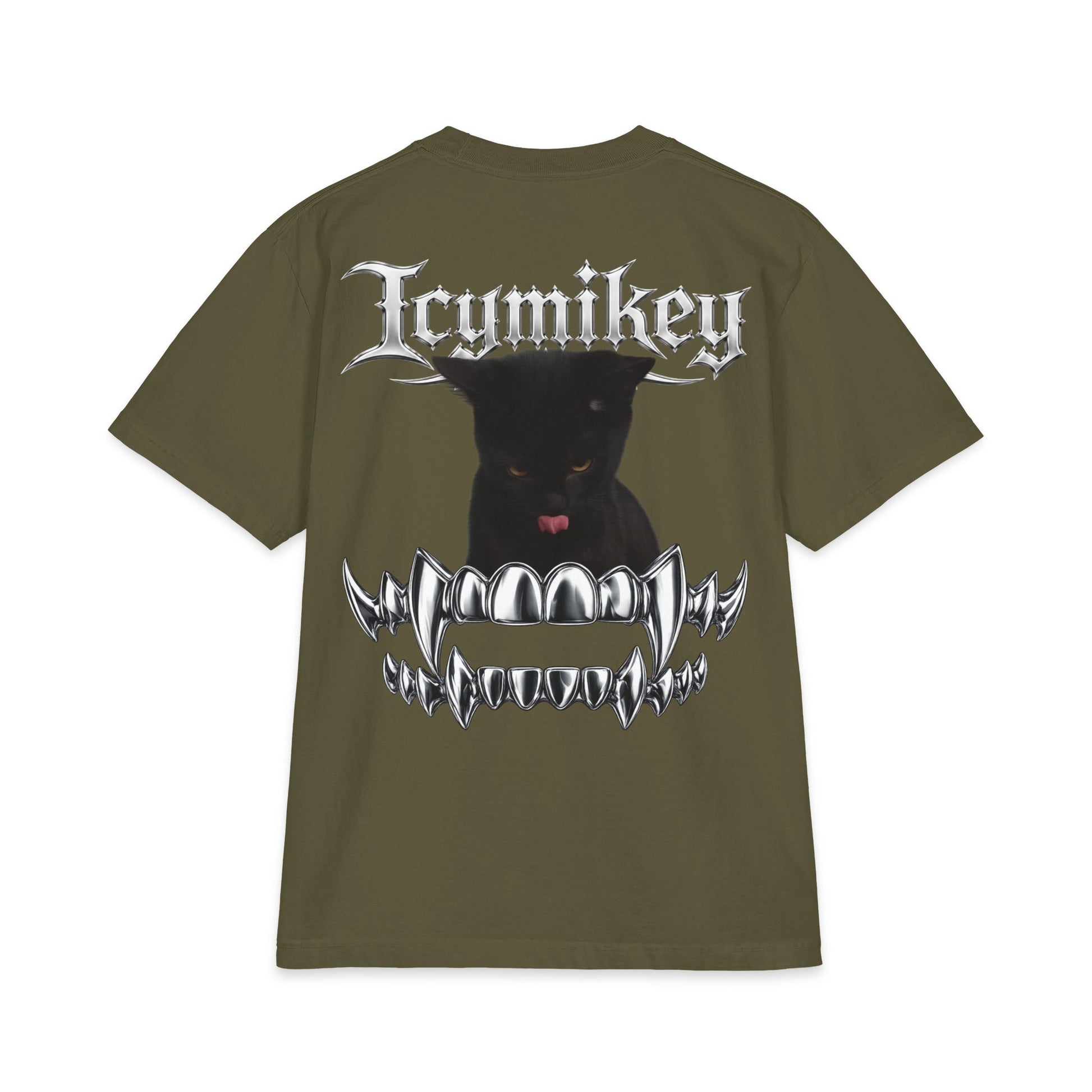 IcyMikey "BOO" Graphic Tee — Black Cat & Metallic Fang Back Print