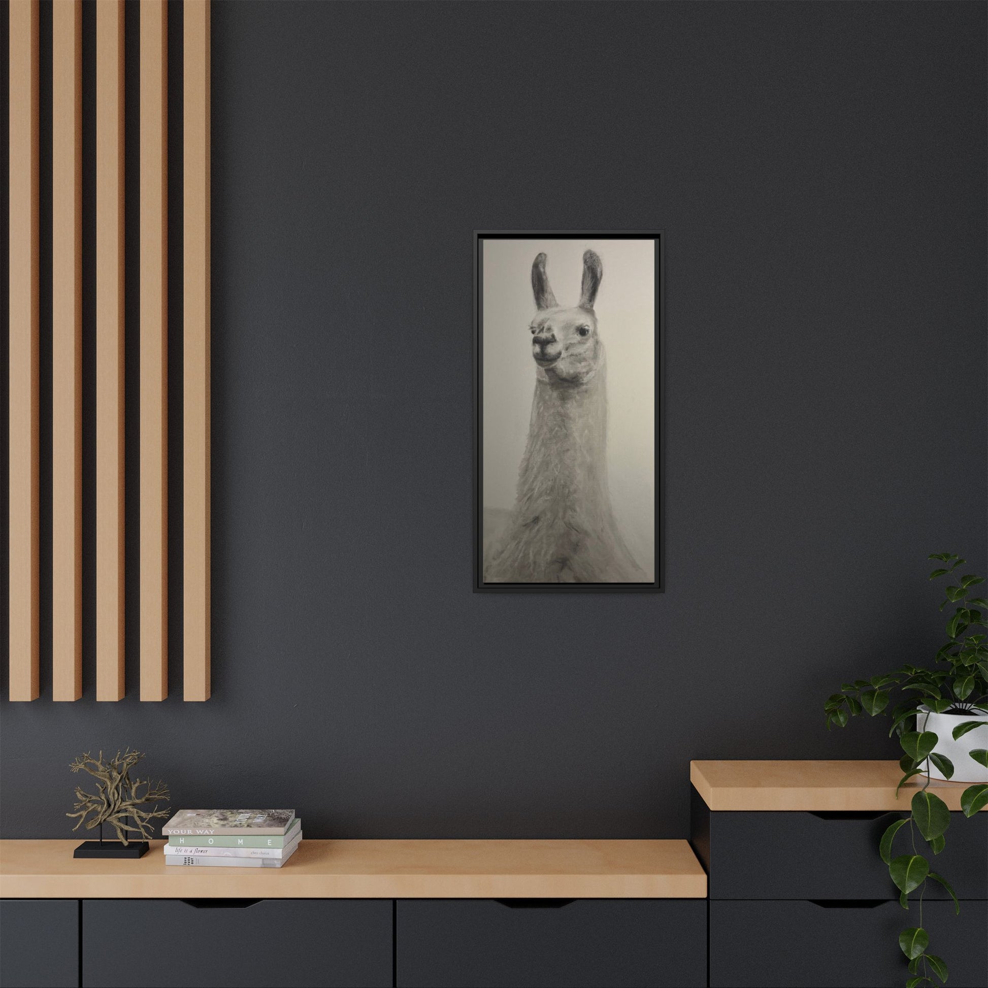 Framed Llama Portrait Canvas — Neutral Monochrome Animal Wall Art