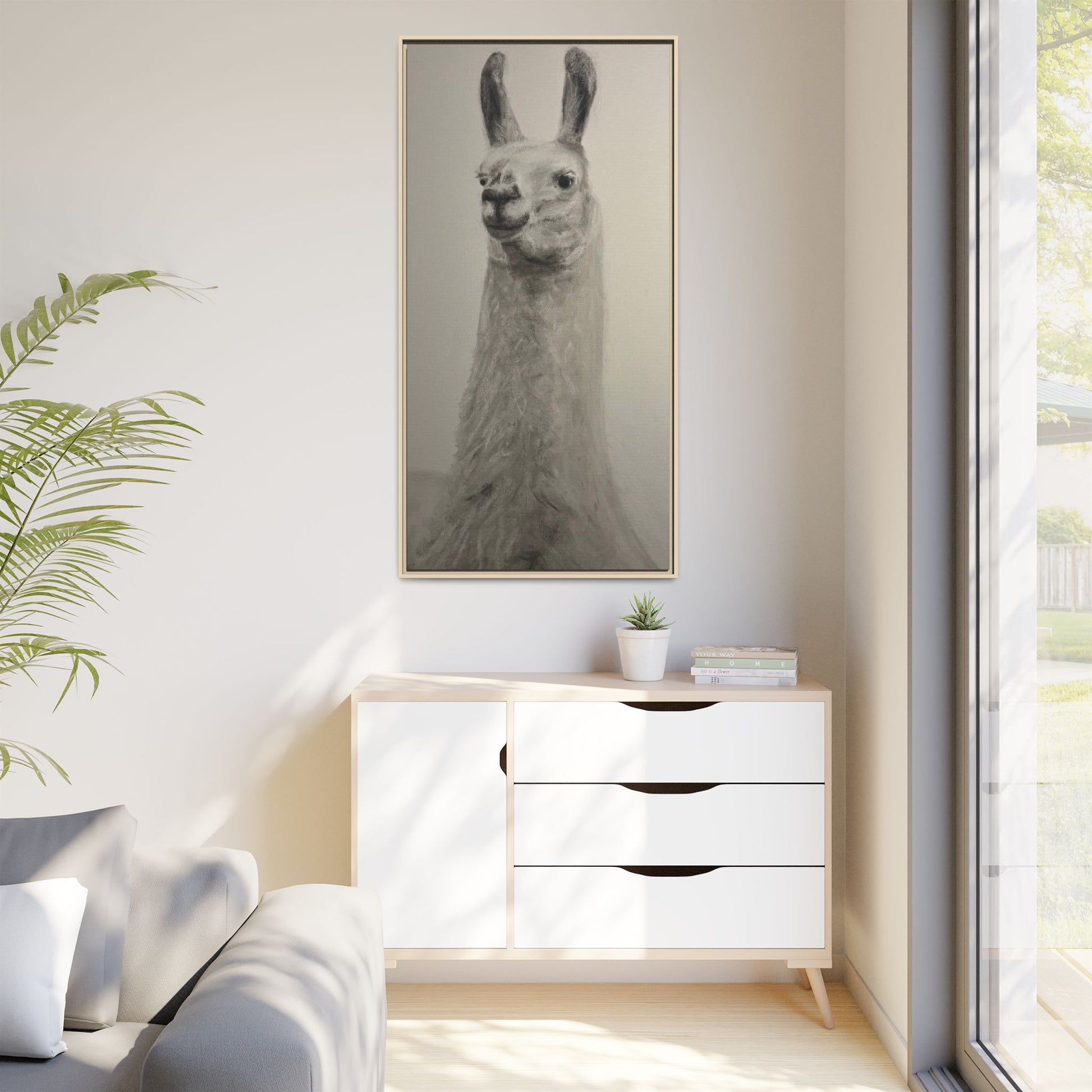 Framed Llama Portrait Canvas — Neutral Monochrome Animal Wall Art