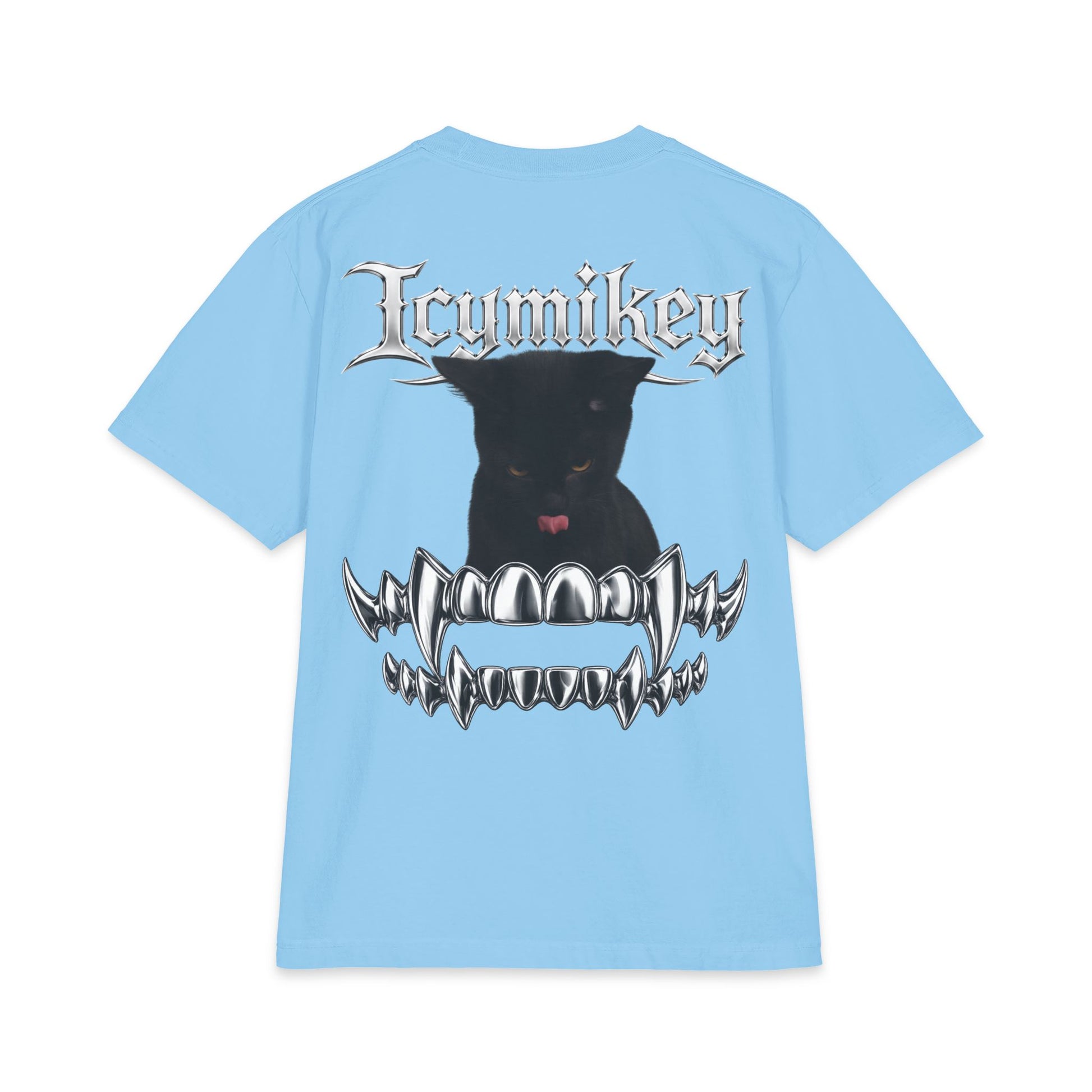 IcyMikey "BOO" Graphic Tee — Black Cat & Metallic Fang Back Print