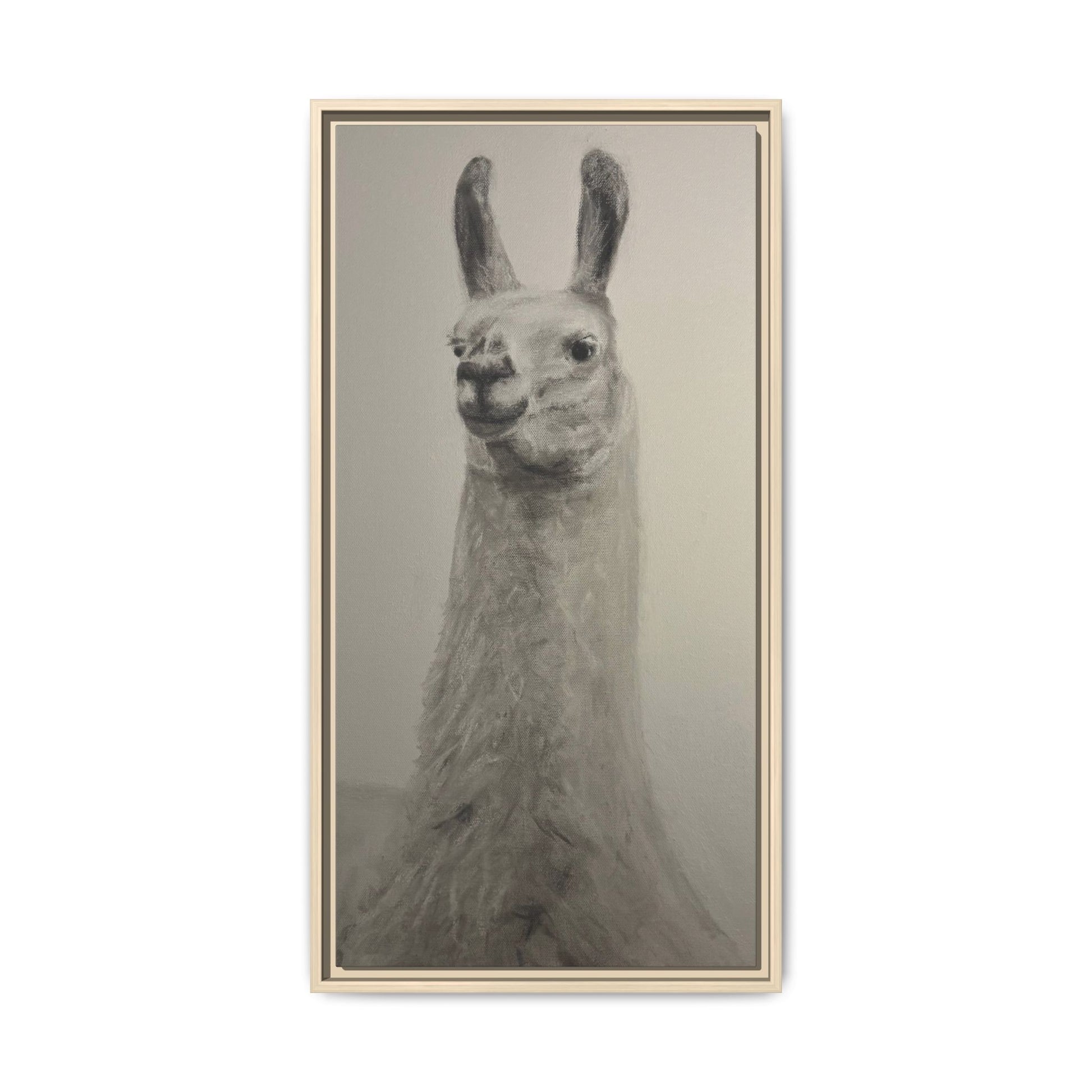 Framed Llama Portrait Canvas — Neutral Monochrome Animal Wall Art