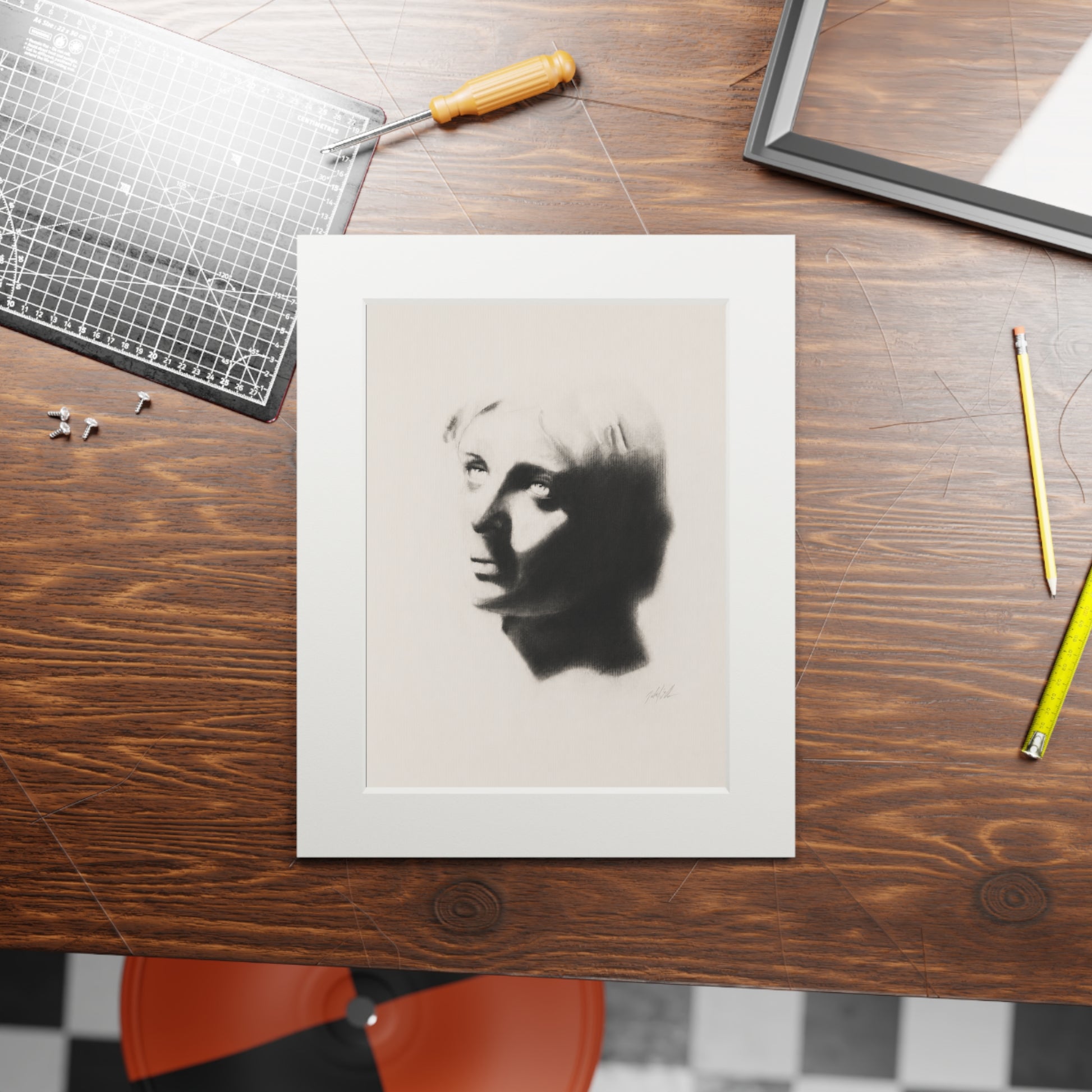 "SHADOW" Fine Art Print with White Passepartout — Minimalist Portrait Charcoal Reproduction