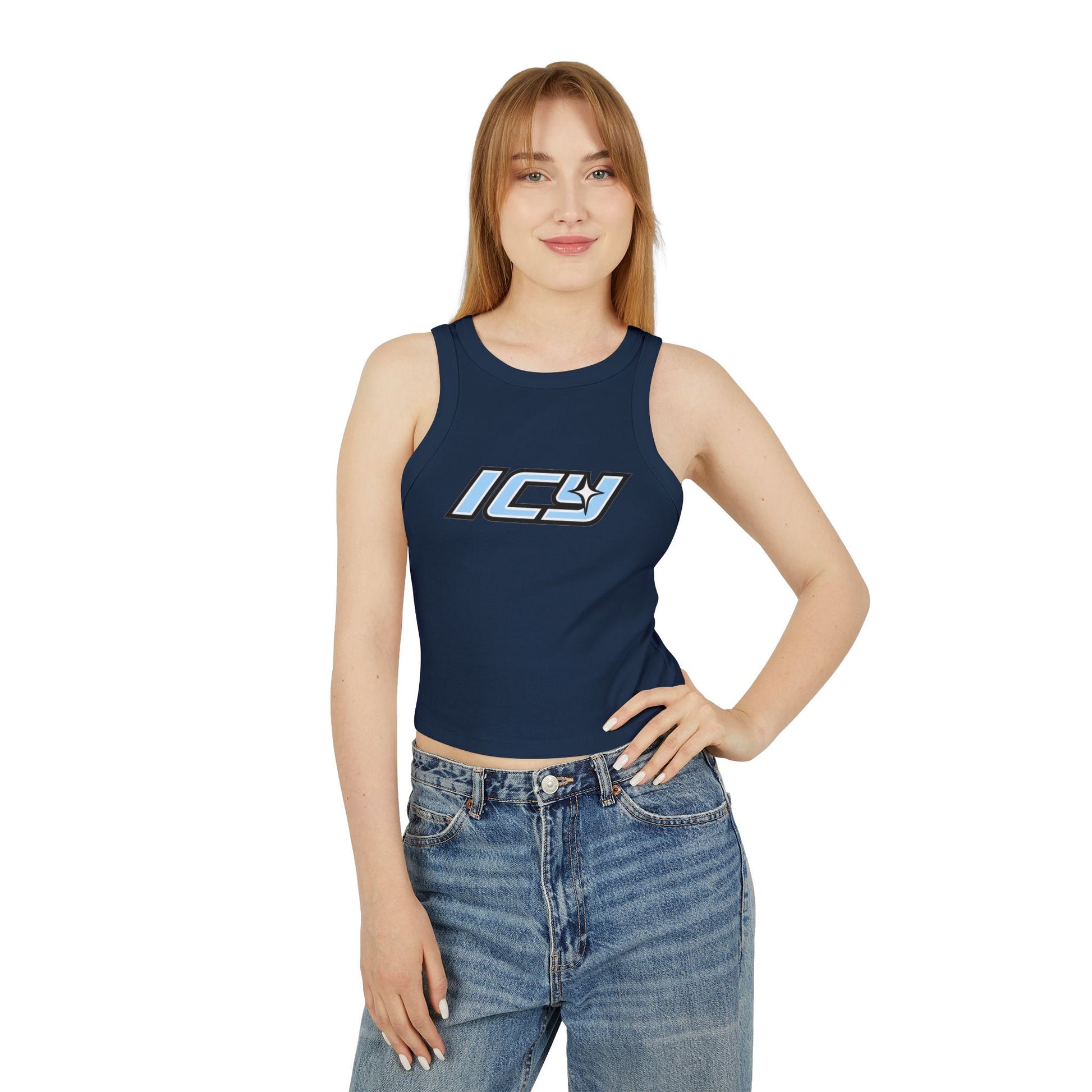 Icy Mikey "POP" Graphic Racer Tank — Women's White Micro Rib Crop Tank