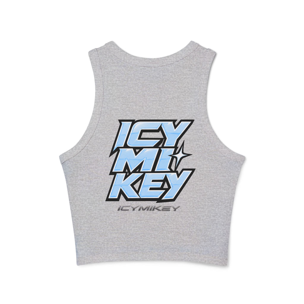 Icy Mikey "POP" Graphic Racer Tank — Women's White Micro Rib Crop Tank