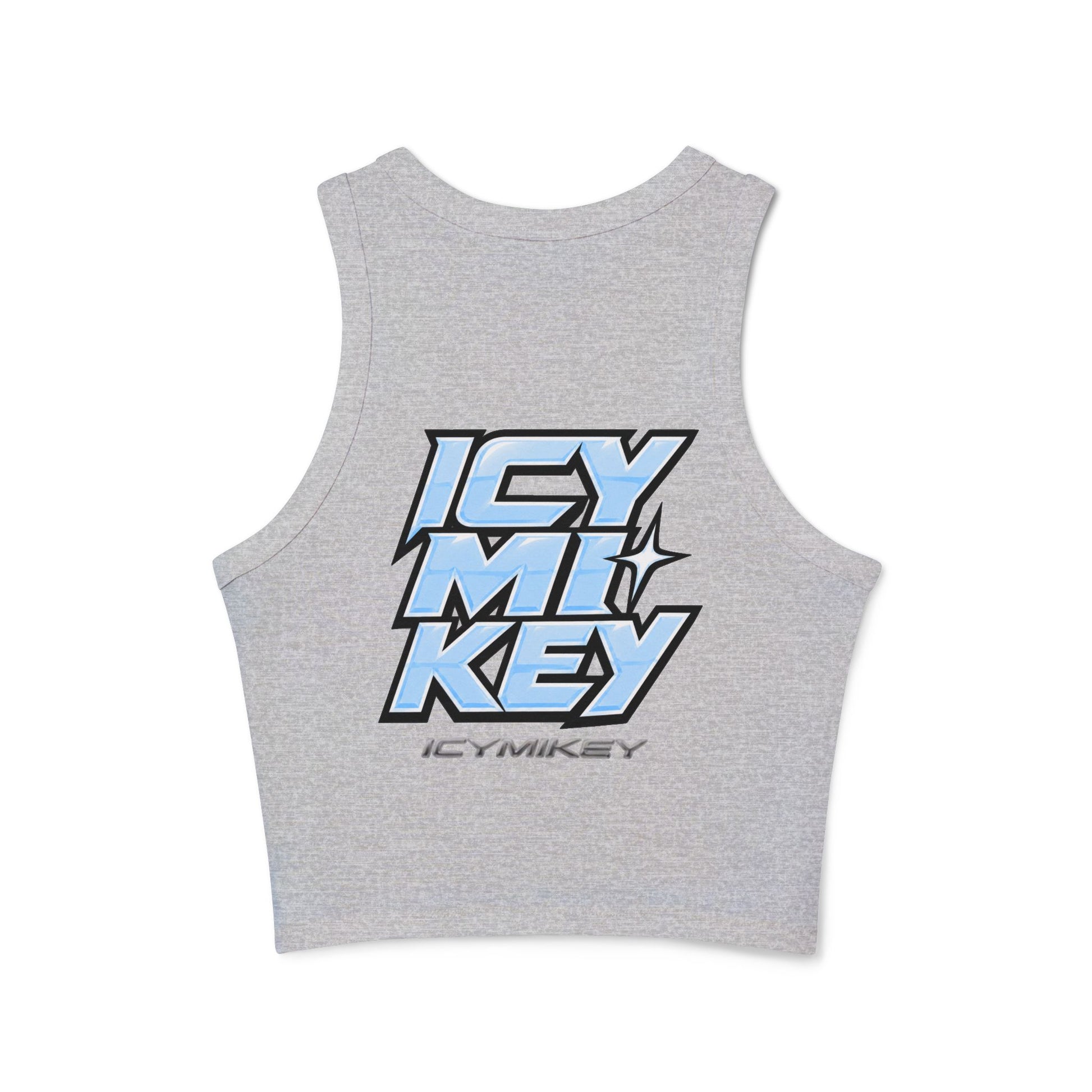 Icy Mikey "POP" Graphic Racer Tank — Women's White Micro Rib Crop Tank