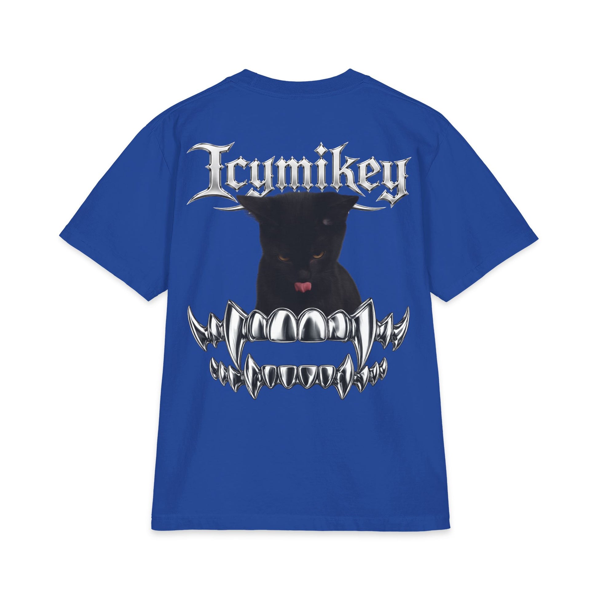IcyMikey "BOO" Graphic Tee — Black Cat & Metallic Fang Back Print