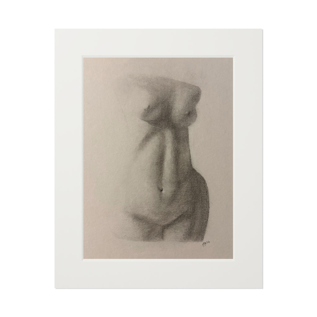 Charcoal Nude Torso Fine Art Print with Passepartout — Figure Study Wall Art