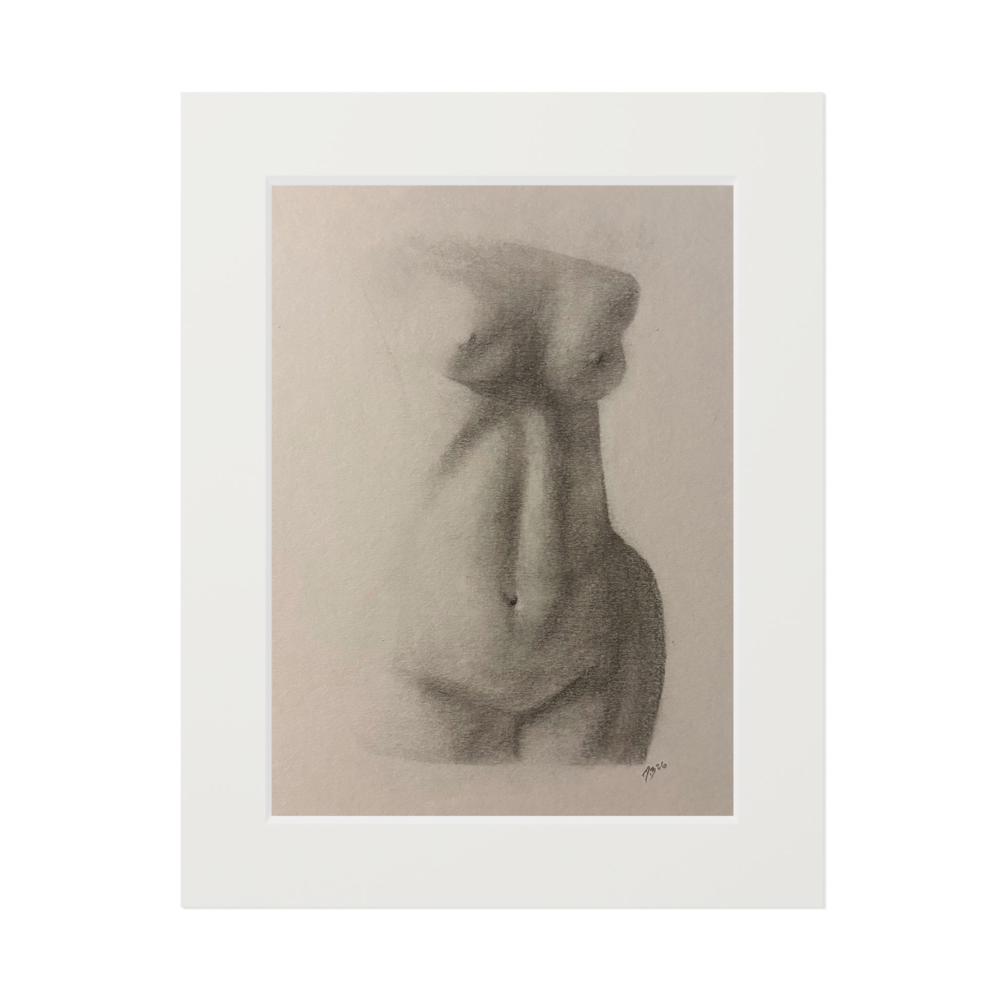 Charcoal Nude Torso Fine Art Print with Passepartout — Figure Study Wall Art
