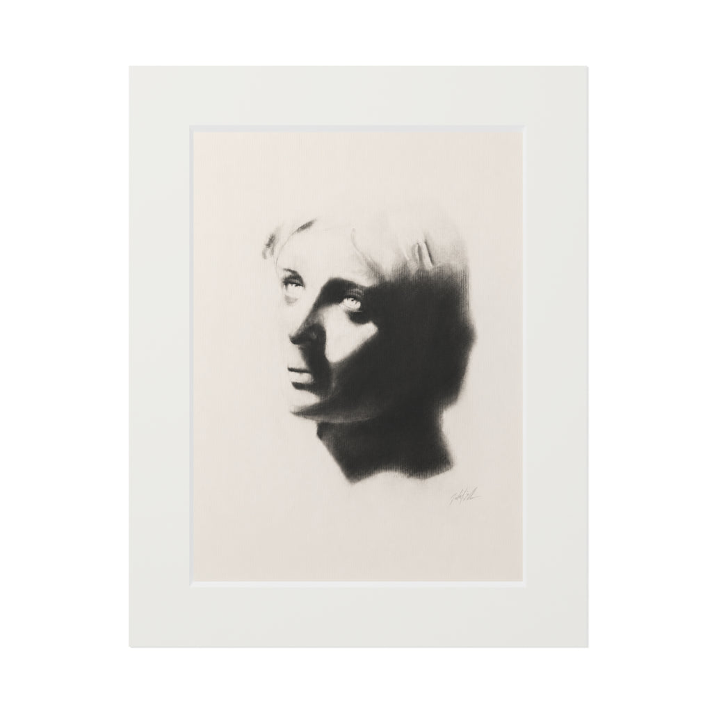 "SHADOW" Fine Art Print with White Passepartout — Minimalist Portrait Charcoal Reproduction