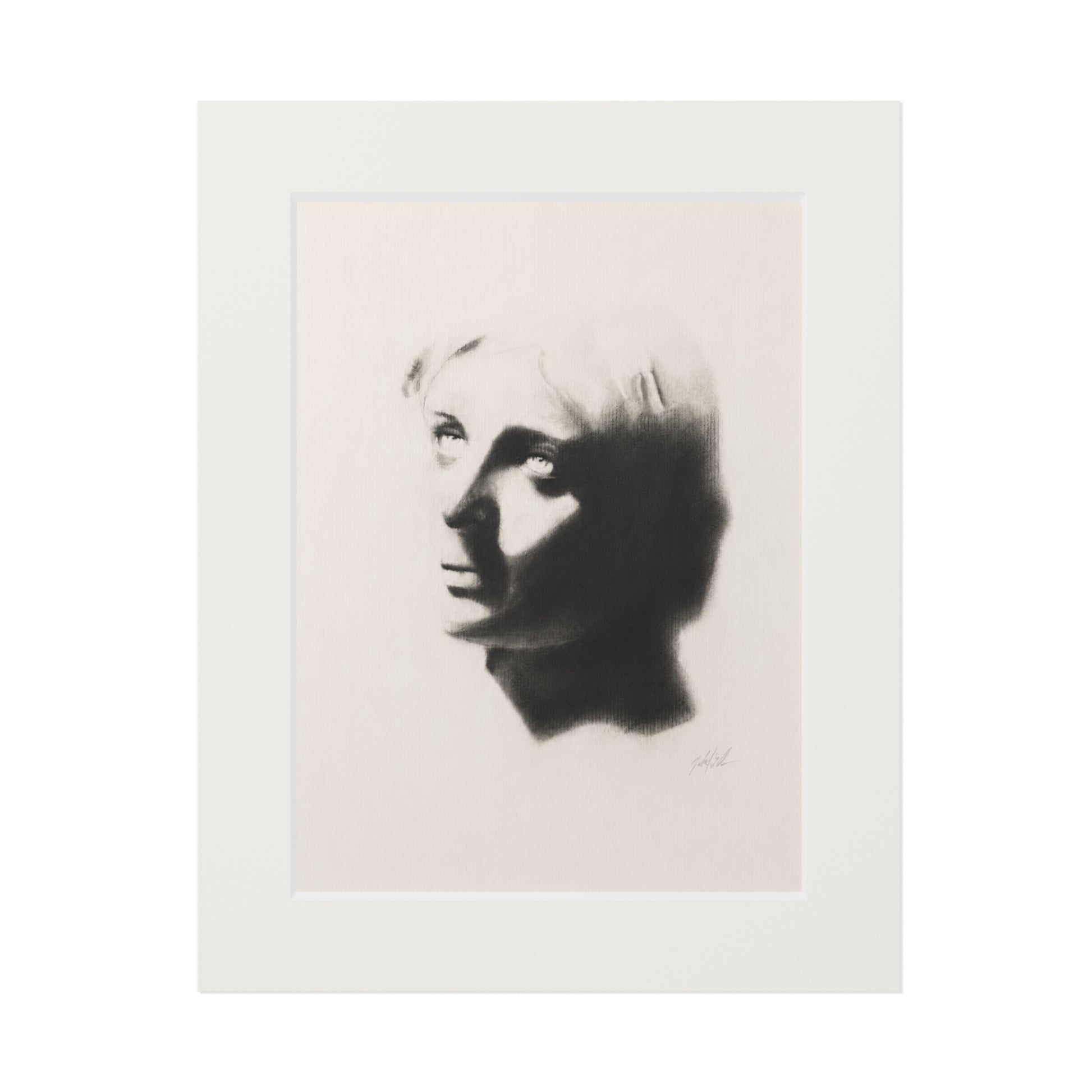 "SHADOW" Fine Art Print with White Passepartout — Minimalist Portrait Charcoal Reproduction