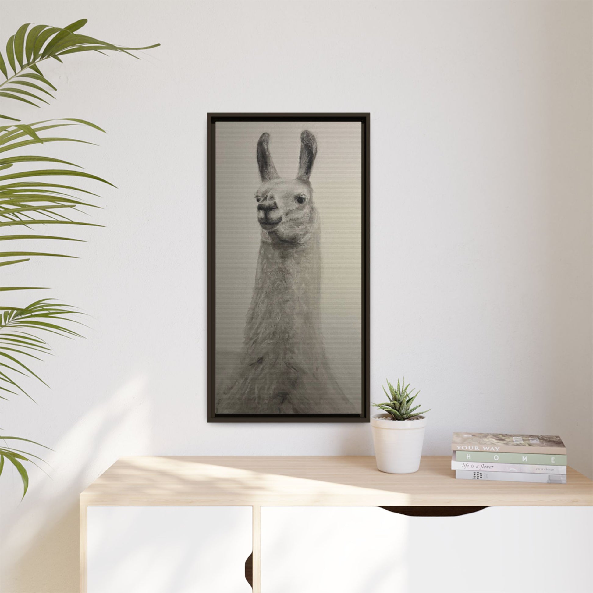 Framed Llama Portrait Canvas — Neutral Monochrome Animal Wall Art