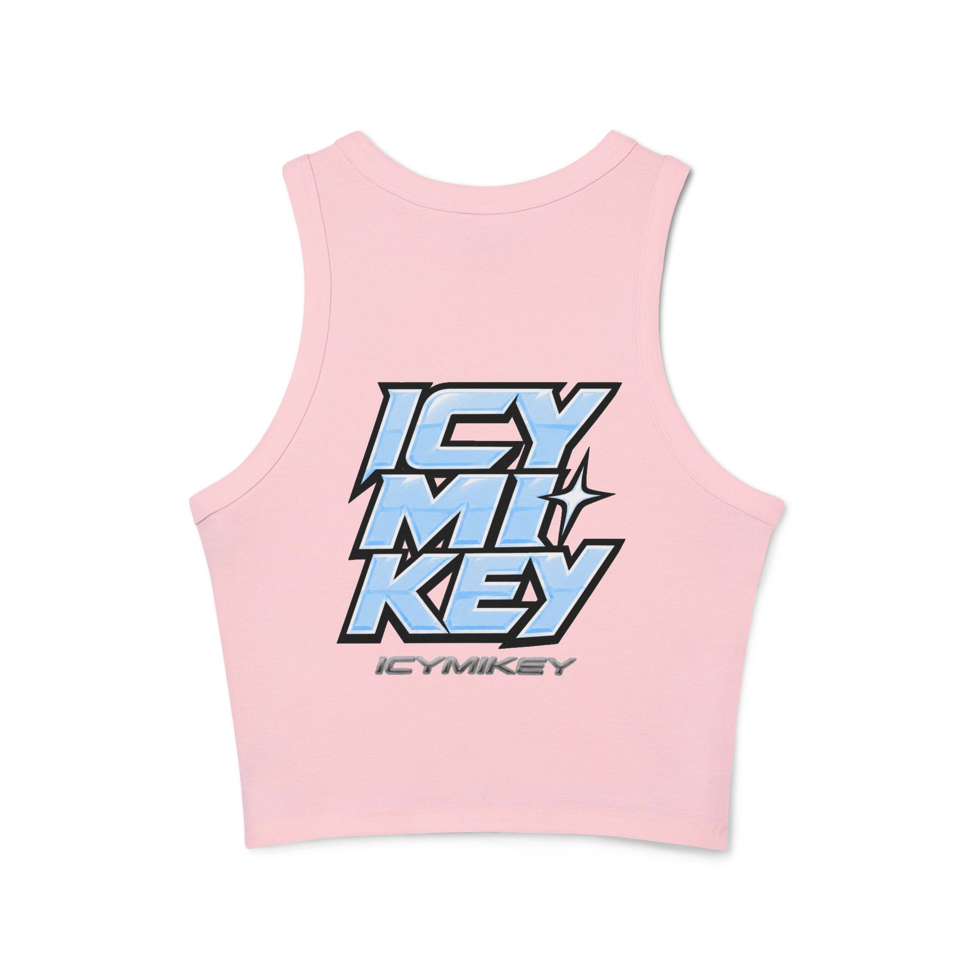Icy Mikey "POP" Graphic Racer Tank — Women's White Micro Rib Crop Tank