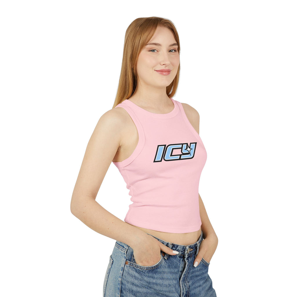 Icy Mikey "POP" Graphic Racer Tank — Women's White Micro Rib Crop Tank