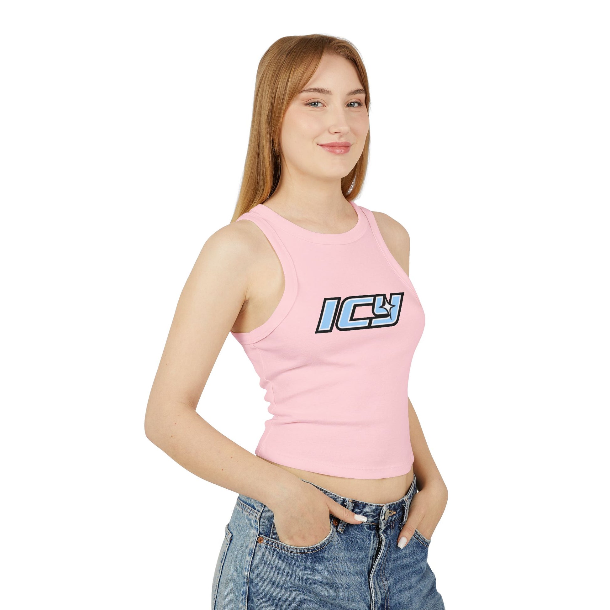 Icy Mikey "POP" Graphic Racer Tank — Women's White Micro Rib Crop Tank