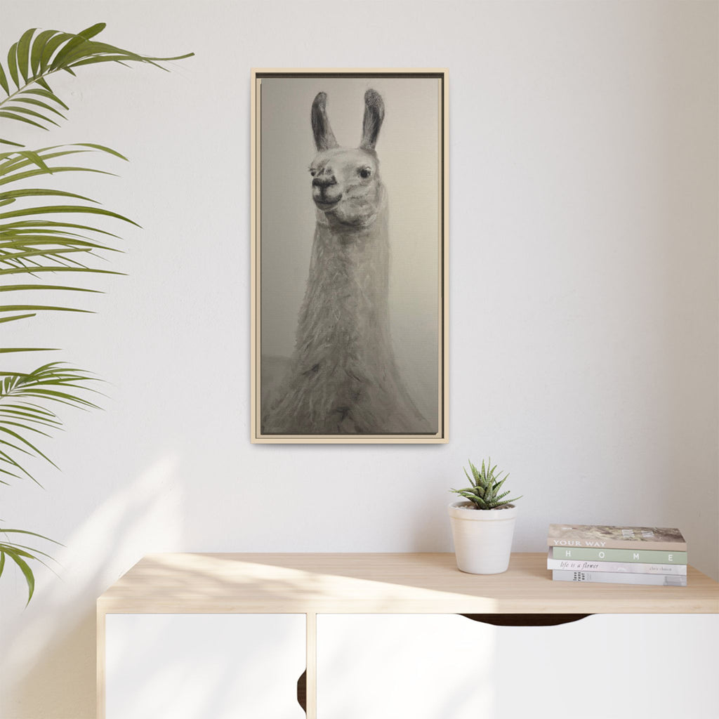 Framed Llama Portrait Canvas — Neutral Monochrome Animal Wall Art