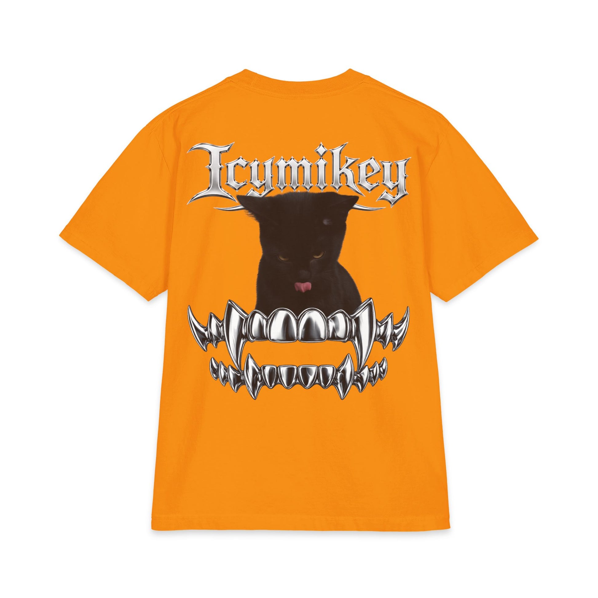 IcyMikey "BOO" Graphic Tee — Black Cat & Metallic Fang Back Print