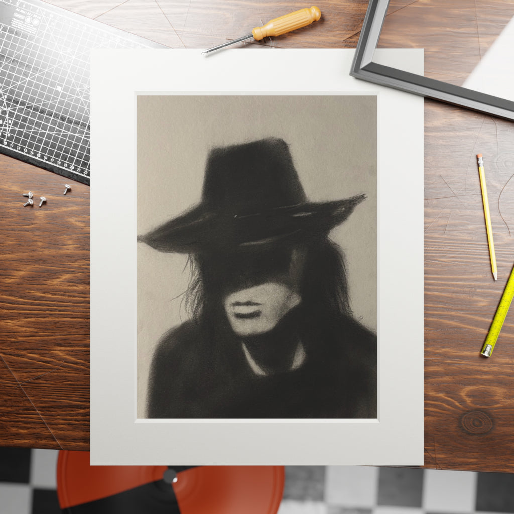 "COWBOY" Charcoal Portrait Print with Passepartout — Moody Hat Silhouette Fine Art