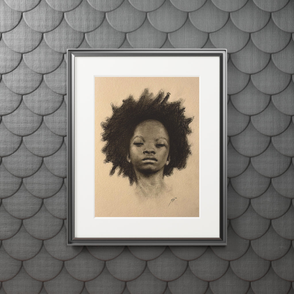 "AFRO" Fine Art Print — Charcoal Portrait with Passepartout Frame
