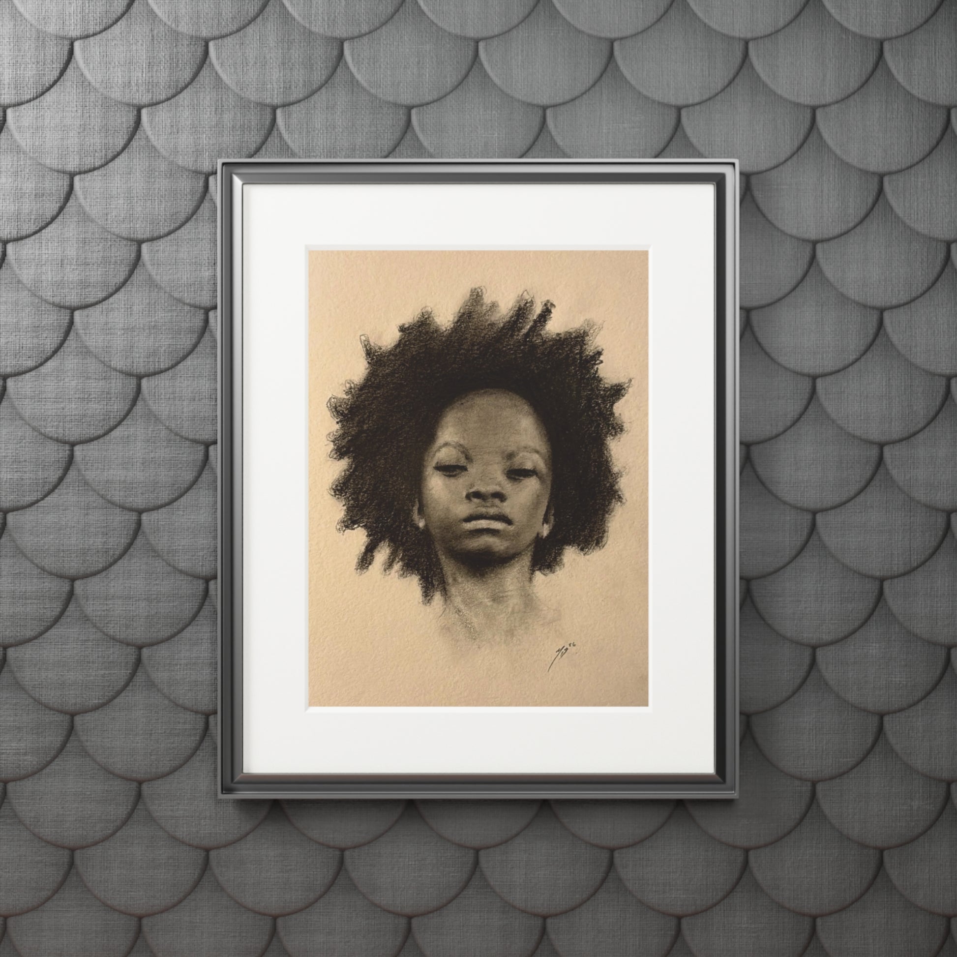 "AFRO" Fine Art Print — Charcoal Portrait with Passepartout Frame