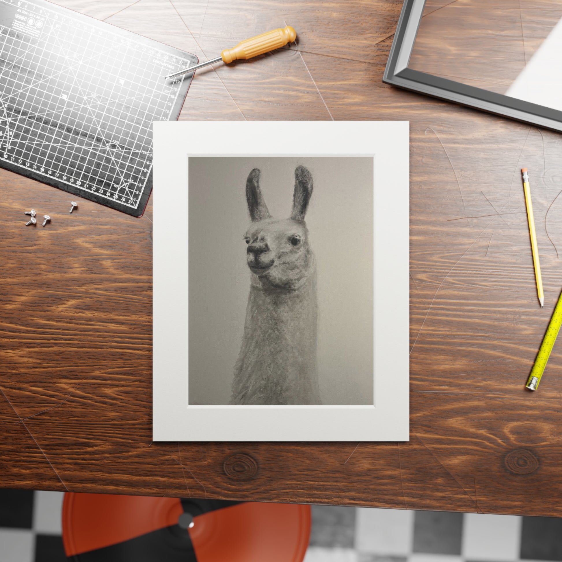 Llama Fine Art Print with Passepartout — Minimalist Neutral Wall Art