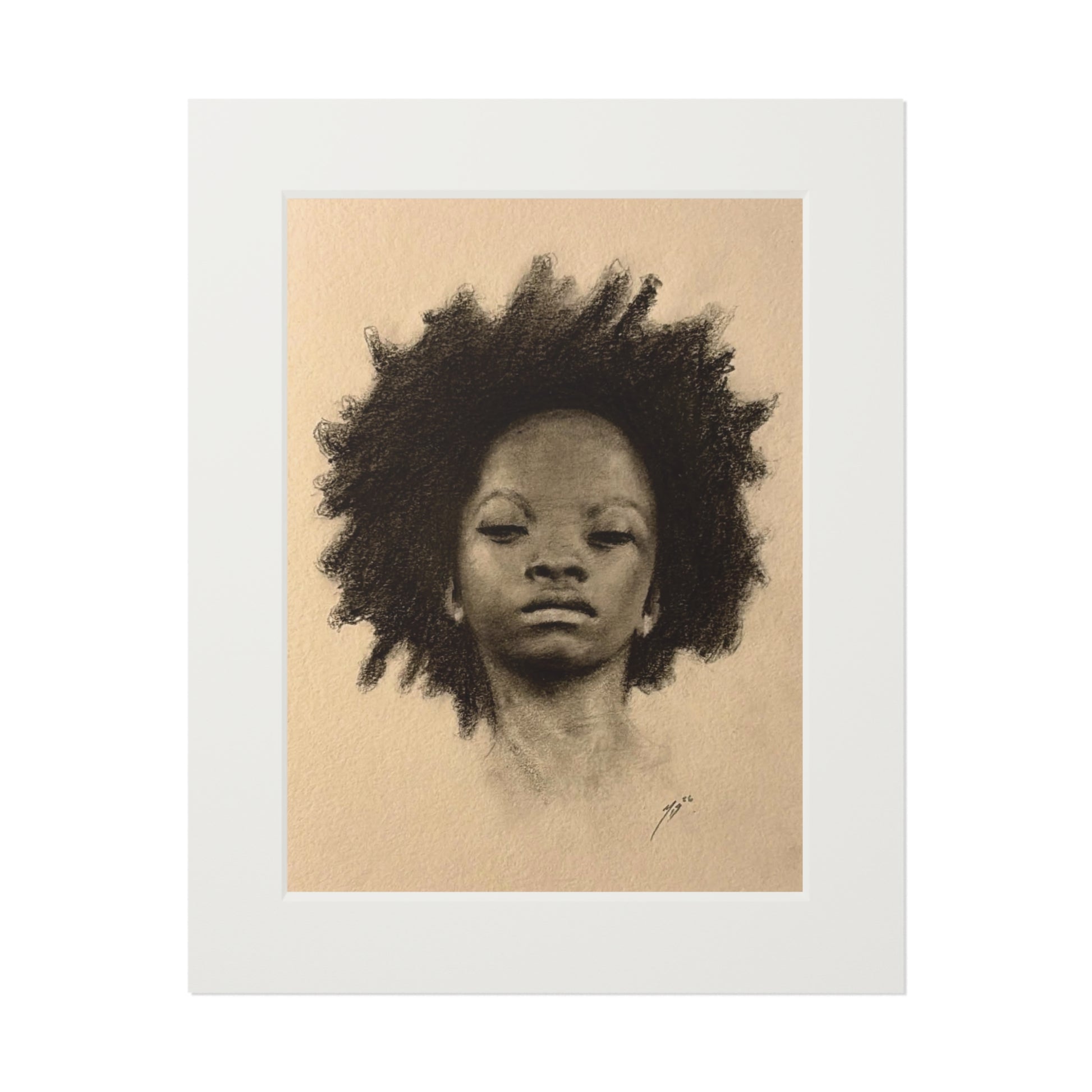"AFRO" Fine Art Print — Charcoal Portrait with Passepartout Frame