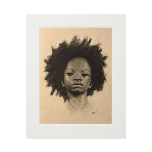 "AFRO" Fine Art Print — Charcoal Portrait with Passepartout Frame