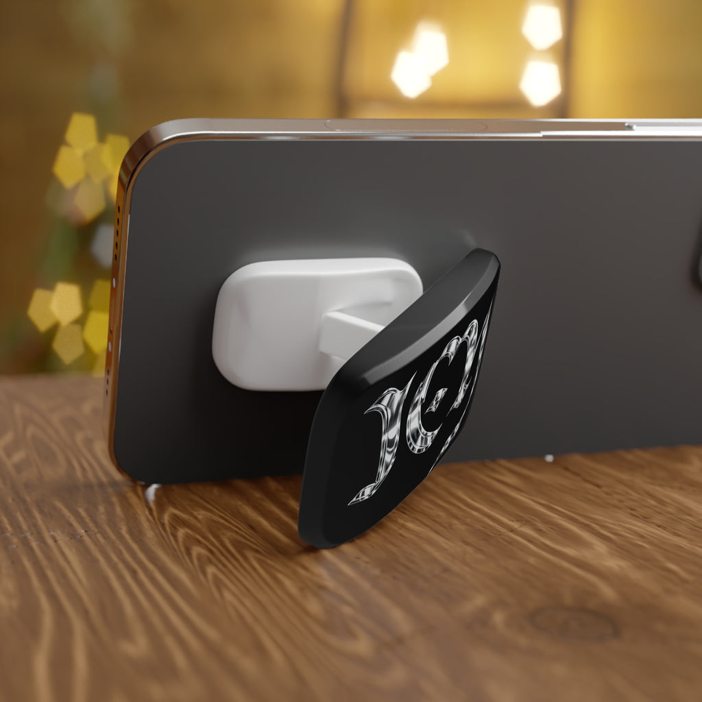 "ICY" Chrome Gothic Phone Grip — Black Click-On Phone Stand