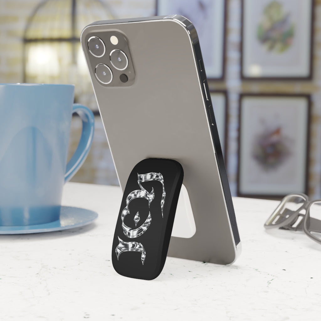 "ICY" Chrome Gothic Phone Grip — Black Click-On Phone Stand
