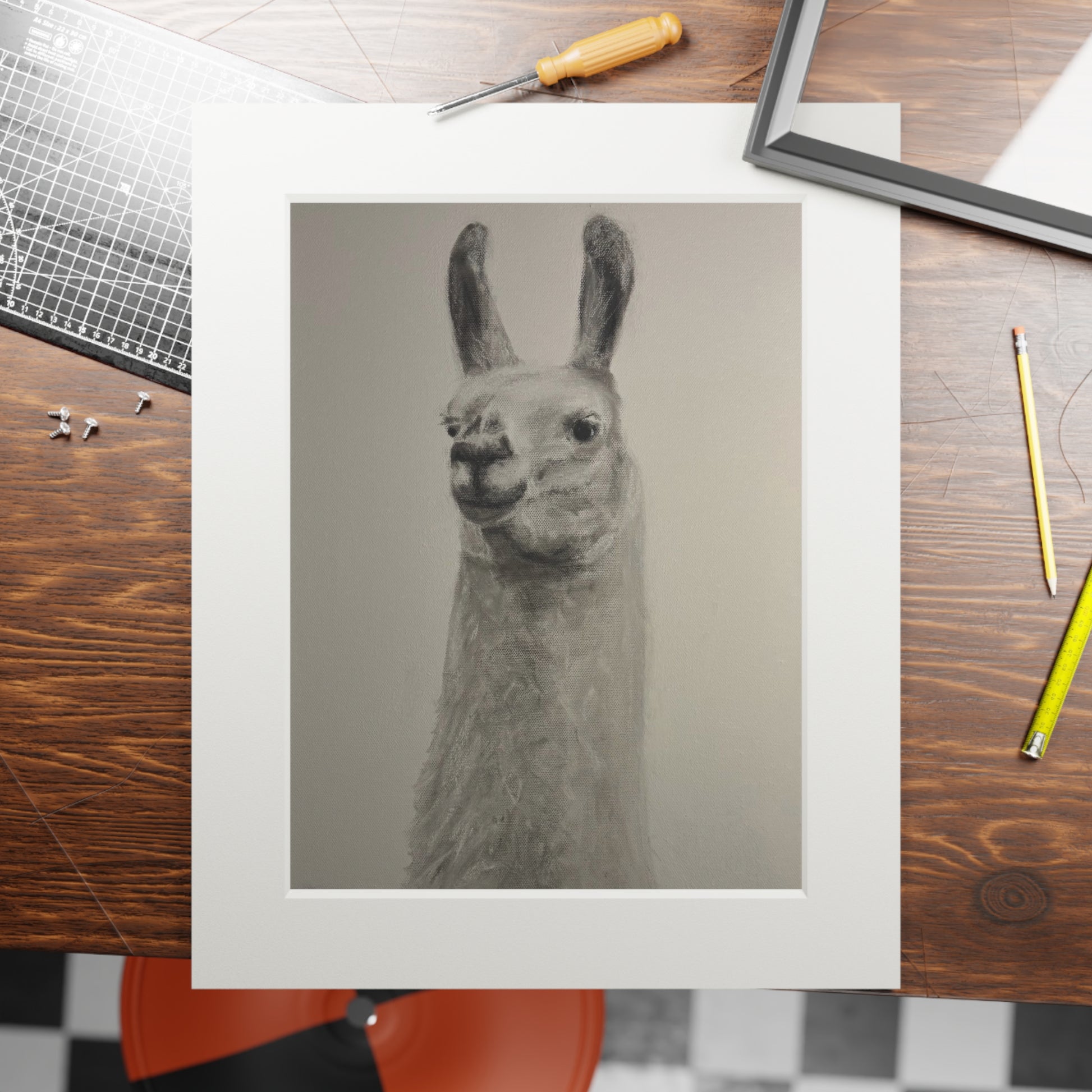 Llama Fine Art Print with Passepartout — Minimalist Neutral Wall Art