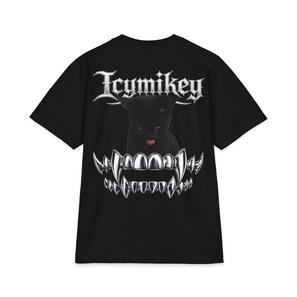 IcyMikey "BOO" Graphic Tee — Black Cat & Metallic Fang Back Print