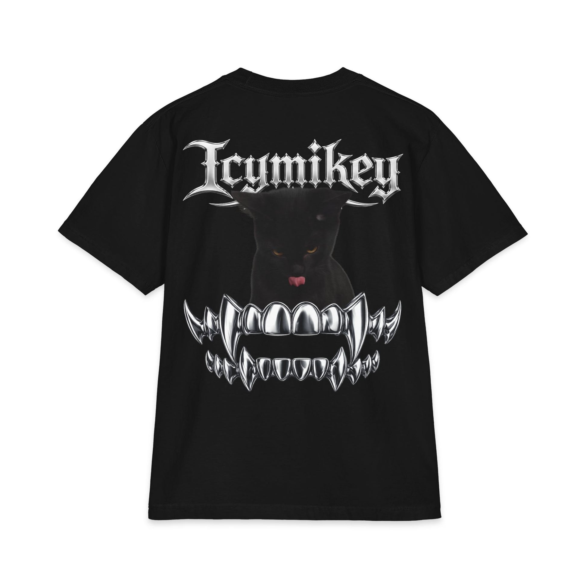 IcyMikey "BOO" Graphic Tee — Black Cat & Metallic Fang Back Print